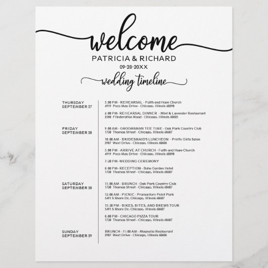 4日間のウェディングウィークエンドの行程 おしゃれなタイムライン (正面)