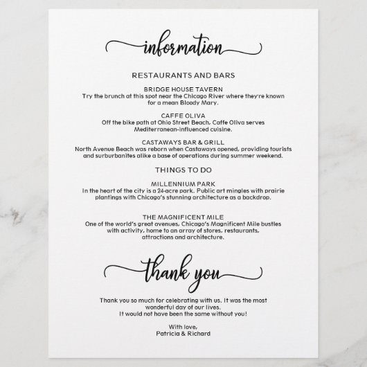 4日間のウェディングウィークエンドの行程 おしゃれなタイムライン (裏面)