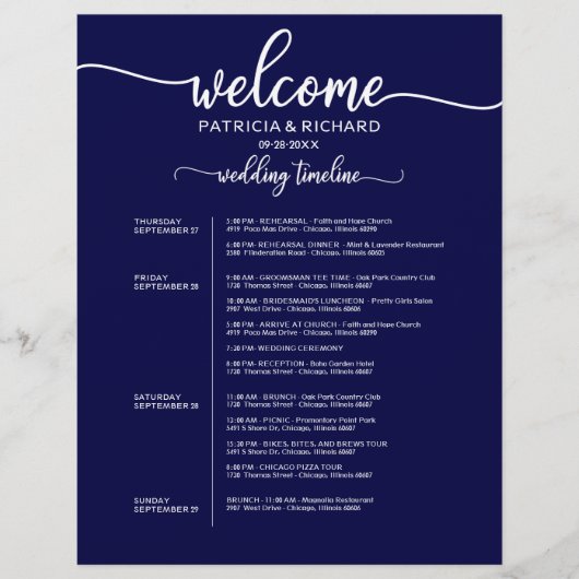 4日間の結婚式の予定表 シックなタイムライン ネイビーブルー (正面)