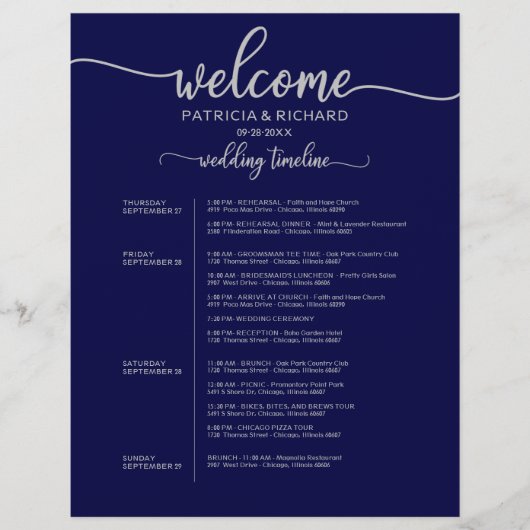 4日間の結婚式の進行スケジュール ネイビーブルー シルバー (正面)