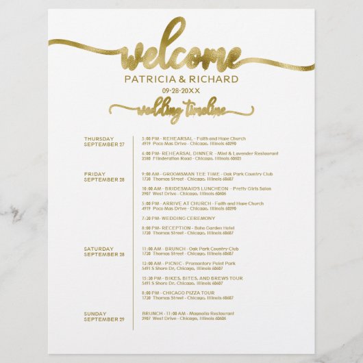 4日間の結婚式ウィークエンドのスケジュール　おしゃれなタイムライン (正面)