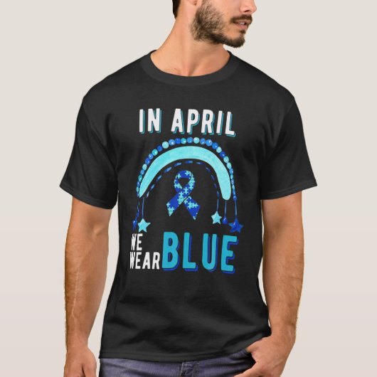 4月に私たち衣服ブルー自閉症の認識月Rainb Tシャツ (正面)