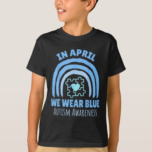 4月に私たち衣服ブルー自閉症啓発月パズル Tシャツ (正面)