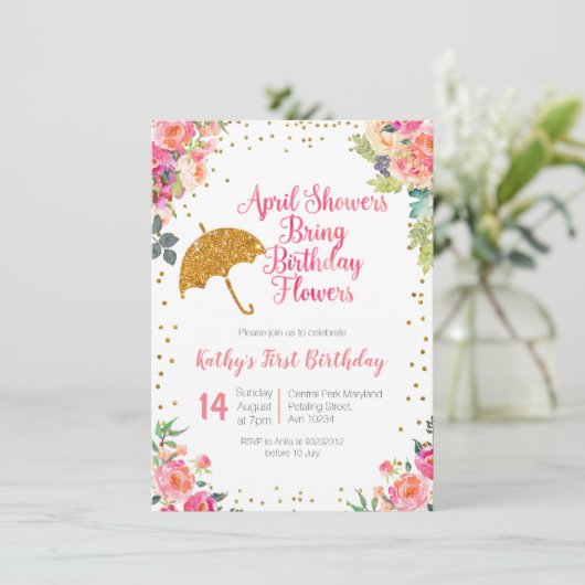 4月のシャワーは誕生日の花の第1誕生日を持って来ます 招待状 (スタンド正面)