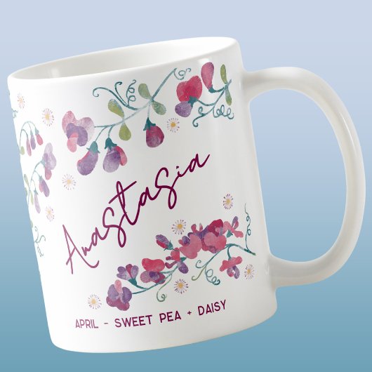 4月の誕生花 スイートピー&デイジー 名入れ コーヒーマグカップ