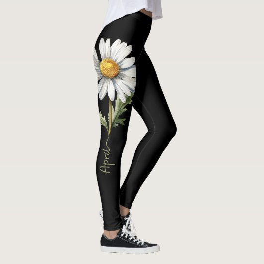 4月の誕生花、黒地に白いデイジー レギンス (右)