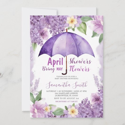 4月の雨が5月の花をもたらす パープル傘 招待状 (正面)