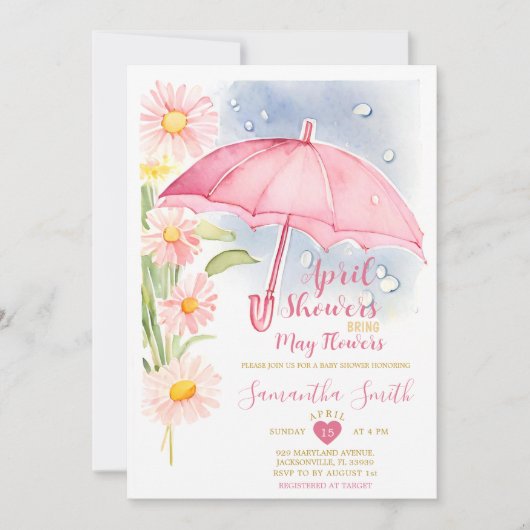 4月の雨が5月の花をもたらす ピンクの傘 招待状 (正面)