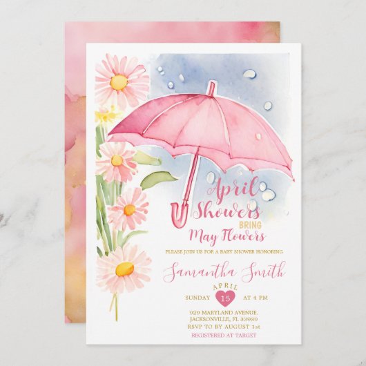 4月の雨が5月の花をもたらす ピンクの傘 招待状 (正面/裏面)