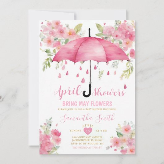 4月の雨が5月の花をもたらす ピンクの傘 招待状 (正面)