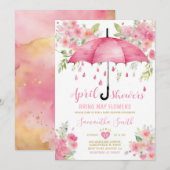 4月の雨が5月の花をもたらす ピンクの傘 招待状 (正面/裏面)