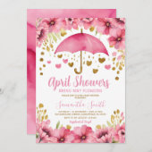 4月の雨が5月の花をもたらす ピンクの傘 招待状 (正面/裏面)