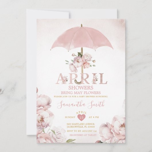 4月の雨が5月の花をもたらす ピンクの傘 招待状 (正面)