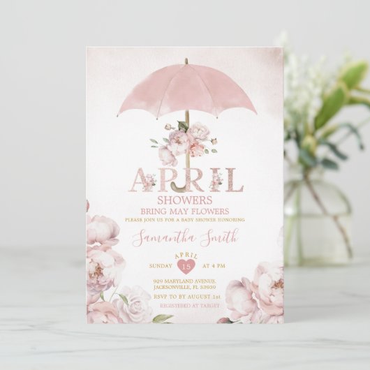 4月の雨が5月の花をもたらす ピンクの傘 招待状 (スタンド正面)