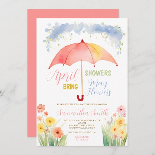 4月の雨が5月の花をもたらす 赤い傘 招待状 (正面/裏面)