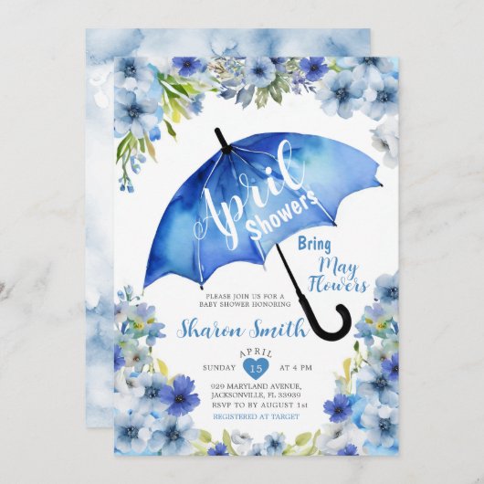 4月の雨が5月の花をもたらす 青い傘 招待状 (正面/裏面)