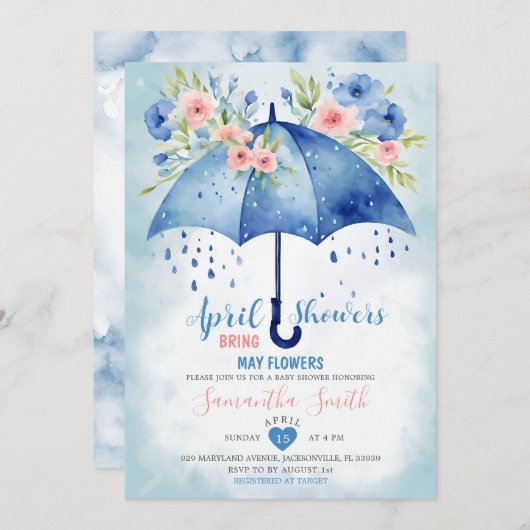 4月の雨が5月の花をもたらす 青い傘 招待状 (正面/裏面)