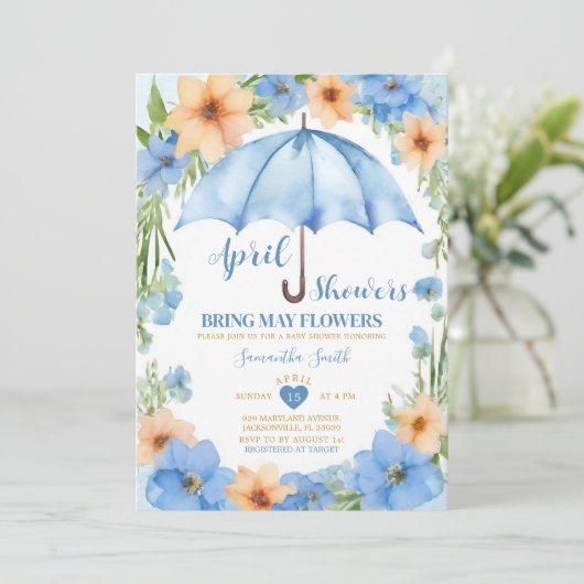 4月の雨が5月の花を育てる ブルー傘 招待状 (スタンド正面)