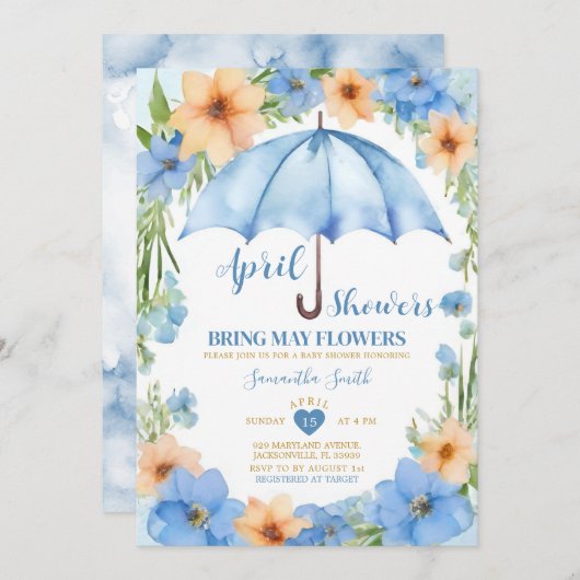 4月の雨が5月の花を育てる ブルー傘 招待状 (正面/裏面)