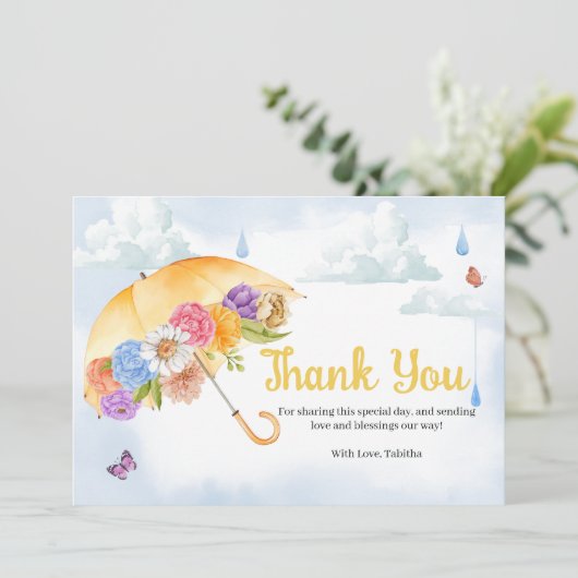 4月シャワーが5月の花をもたらす赤ちゃんシャワー サンキューカード (スタンド正面)