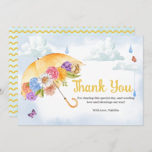 4月シャワーが5月の花をもたらす赤ちゃんシャワー サンキューカード (正面/裏面)
