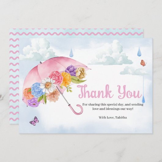 4月シャワーが5月の花をもたらす赤ちゃんシャワー サンキューカード (正面/裏面)