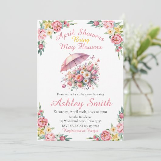4月シャワーが5月の花をもたらす赤ちゃんシャワー 招待状 (スタンド正面)