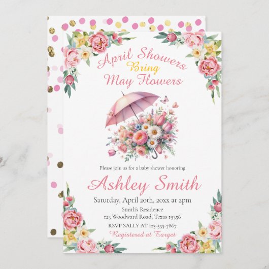 4月シャワーが5月の花をもたらす赤ちゃんシャワー 招待状 (正面/裏面)