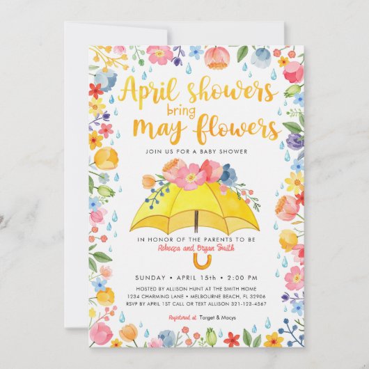 4月シャワーが5月の花をもたらす赤ちゃんシャワー 招待状 (正面)
