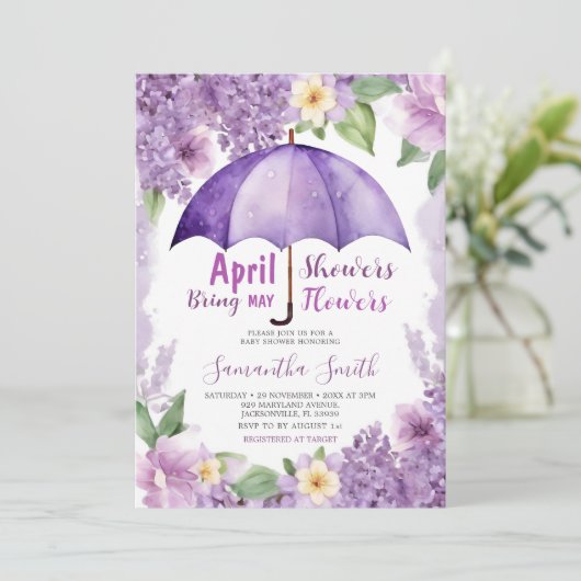 4月シャワーが5月の花を持って来る紫色の傘 招待状 (スタンド正面)