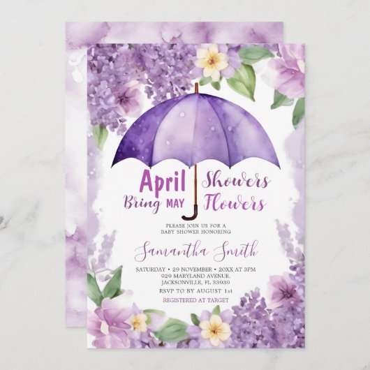 4月シャワーが5月の花を持って来る紫色の傘 招待状 (正面/裏面)