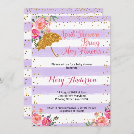 4月シャワーベビーシャワー招待状薄紫紫 招待状 (正面/裏面)