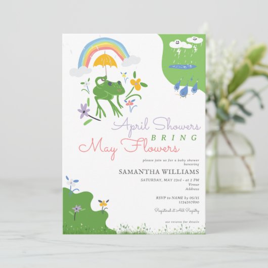 4月シャワー五月花を持って来るカエル赤ちゃんシャワー 招待状 (スタンド正面)