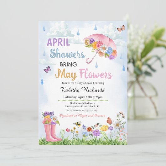 4月シャワー5月の花をもたらす春赤ちゃんシャワー 招待状 (スタンド正面)