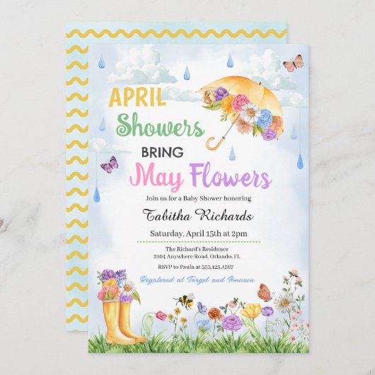 4月シャワー5月の花をもたらす春赤ちゃんシャワー 招待状 (正面/裏面)