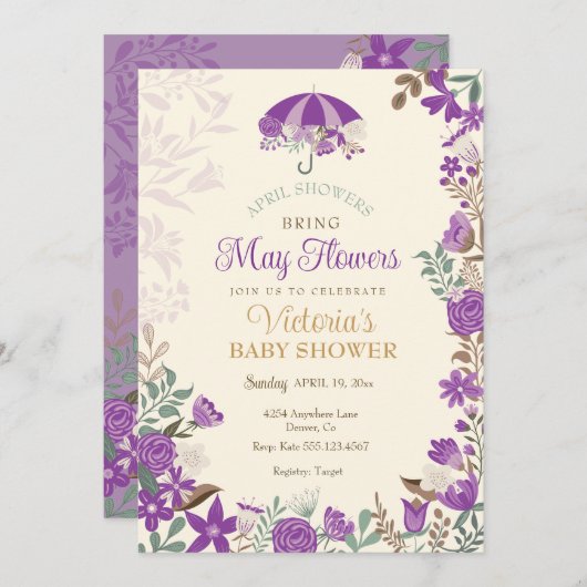 4月シャワー5月の花をもたらす春赤ちゃんシャワー 招待状 (正面/裏面)