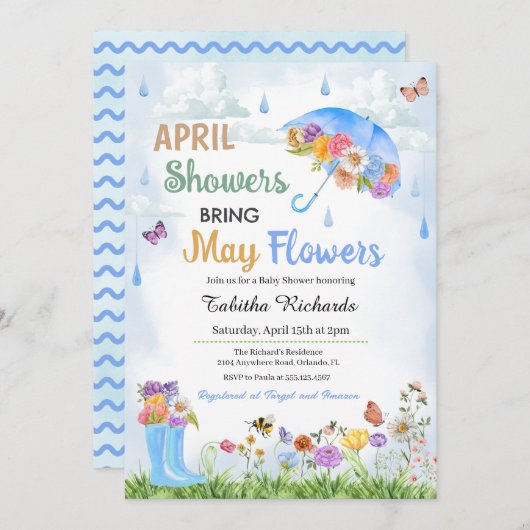 4月シャワー5月の花をもたらす春赤ちゃんシャワー 招待状 (正面/裏面)