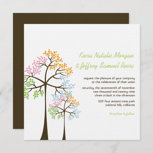 4本の季節の木の森林森林結婚式の招待 招待状 (正面/裏面)