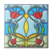 4本の赤いチューリップのステンドグラス タイル (正面)