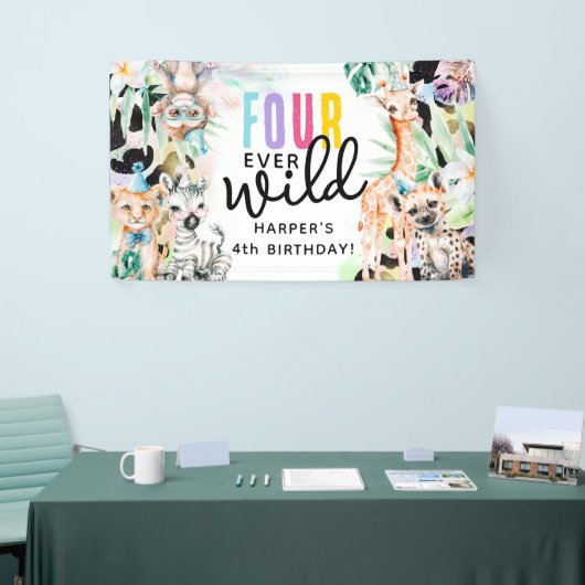 4本も野生だ！サファリの動物4歳の誕生日 横断幕 (トレードショー)