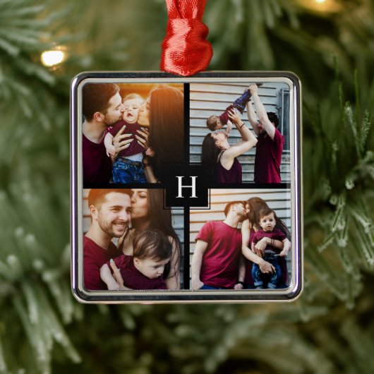 4枚のコラージュとモノグラム メタルオーナメント (ツリー)