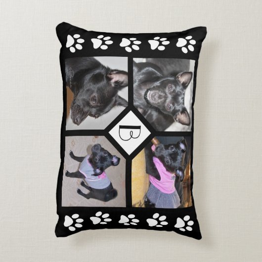 4枚のコラージュ |犬のイニシャル黒い足跡 アクセントクッション (裏面(縦))