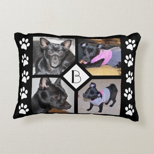 4枚のコラージュ |犬のイニシャル黒い足跡 アクセントクッション (裏面)