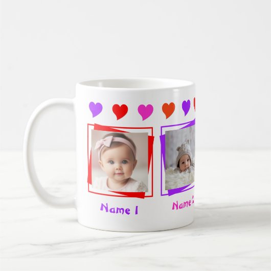 4枚のパーソナライズされた写真、カラフルハート、家族 マグカップ (左)