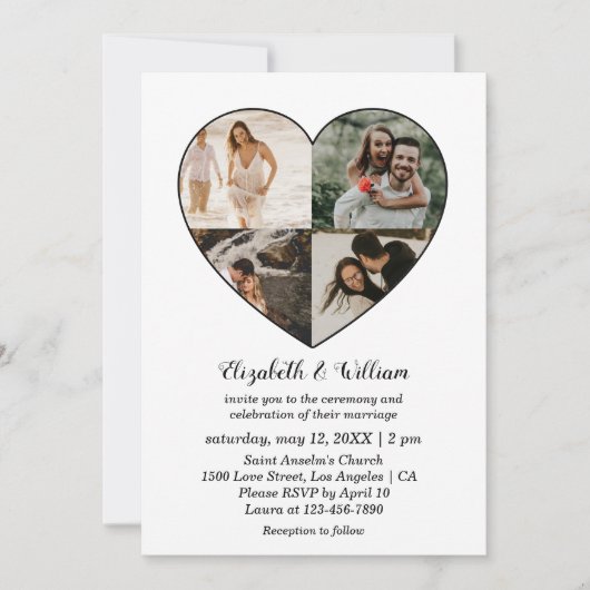 4枚のフォトコラージュハート結婚フレーム 招待状 (正面)
