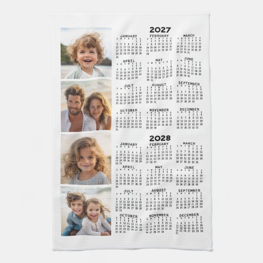 4枚のフォトコラージュ付き2027 2028年カレンダー キッチンタオル (縦)