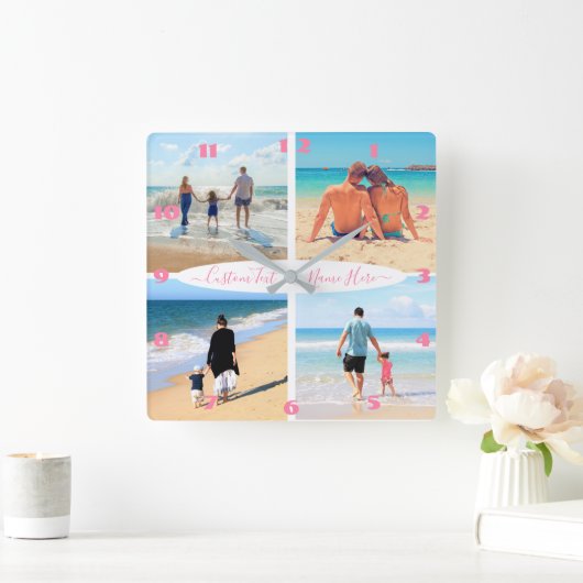 4枚のフォトコラージュ文字名ファミパーソナライズされたリ スクエア壁時計 (ホーム)