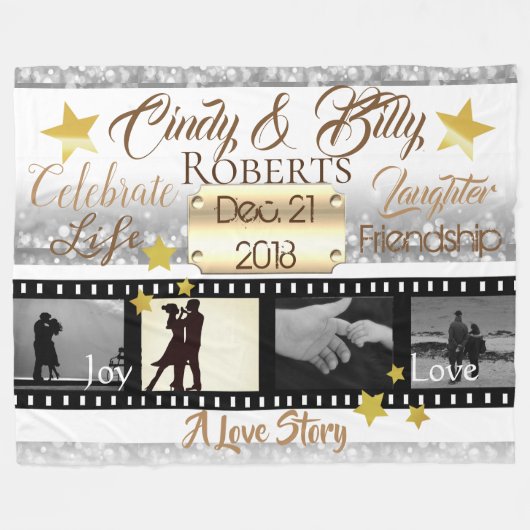 4枚のフォトムービースターフィルムリールシルバー《写真》ぼけ味と金ゴールド フリースブランケット (正面(横))