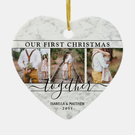 4枚のフォト初めてのクリスマスフェイクを大理石ハート セラミックオーナメント (正面)