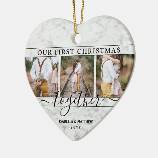 4枚のフォト初めてのクリスマスフェイクを大理石ハート セラミックオーナメント (左)